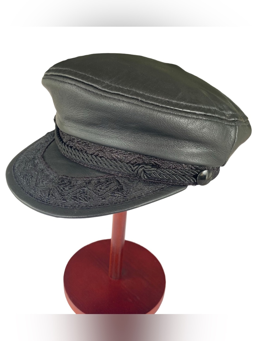 Greek Fisherman’s Cap Black Leather with Embroidery Size L